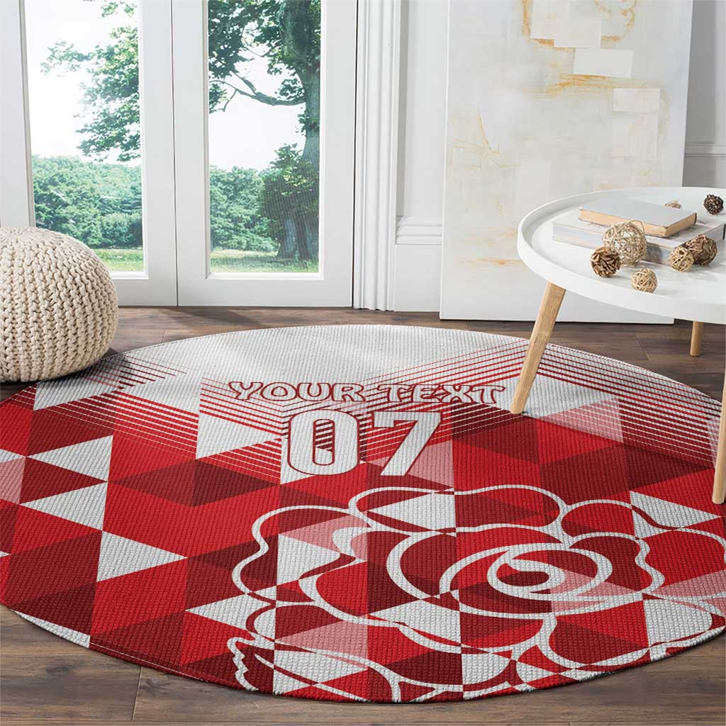 Red round rug with check pattern, 'YOUR TEXT 07' and white rose outline