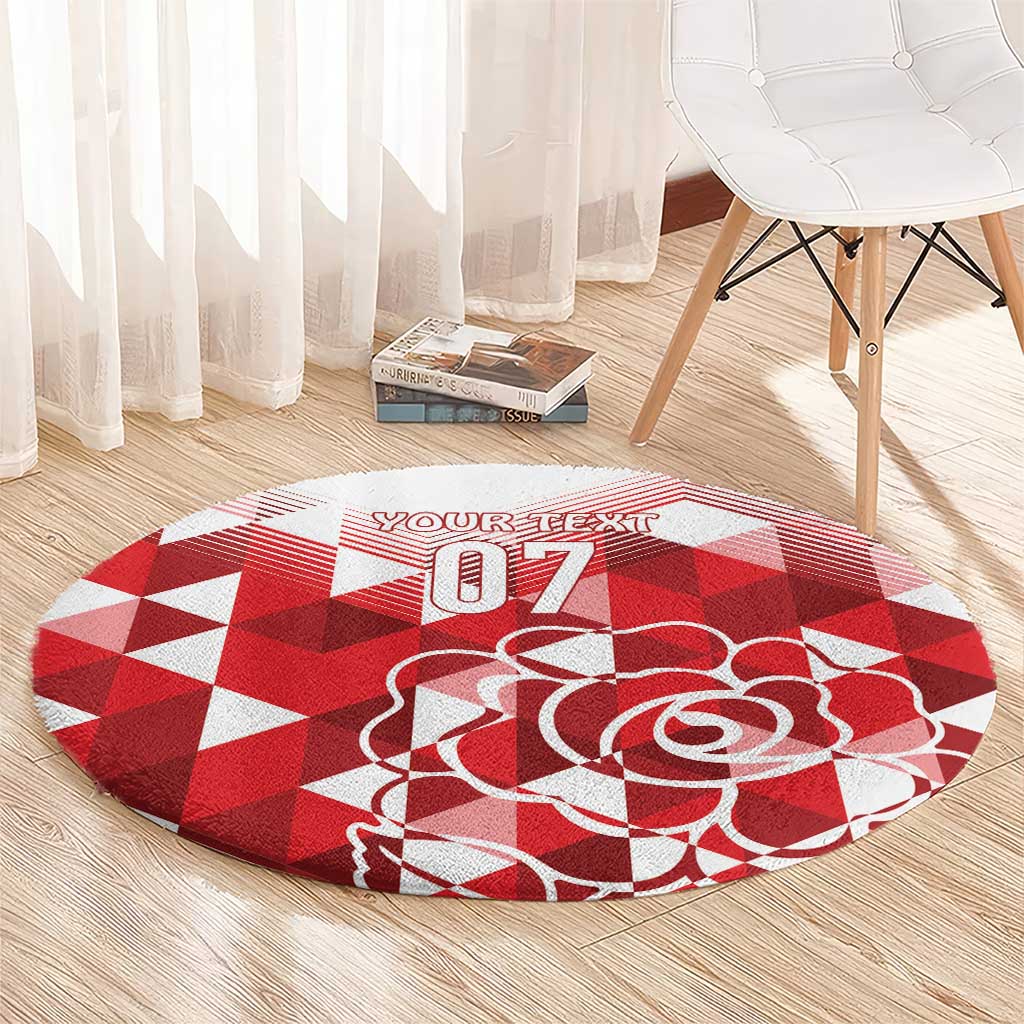 Red and white round rug with checker pattern, 'YOUR TEXT 07' and rose motif