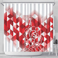 Red and white geometric shower curtain with white rose-style outline, 'YOUR TEXT' and '07'