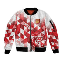 White and red check bomber jacket, full-zip front with rose graphic, black ribbed cuffs