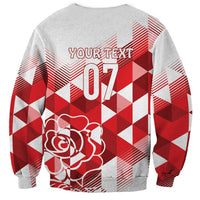 Unisex sweatshirt light gray with red/white geometric print, YOUR TEXT and number 07