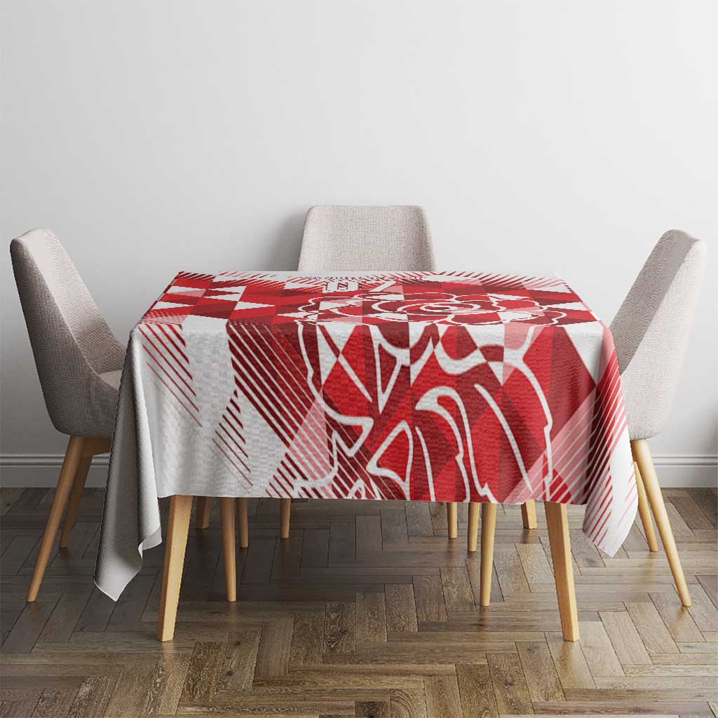 Red and white geometric tablecloth on a square dining table