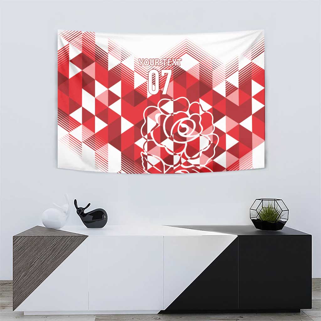 Red and white wall tapestry with geometric shapes and outlined rose motif