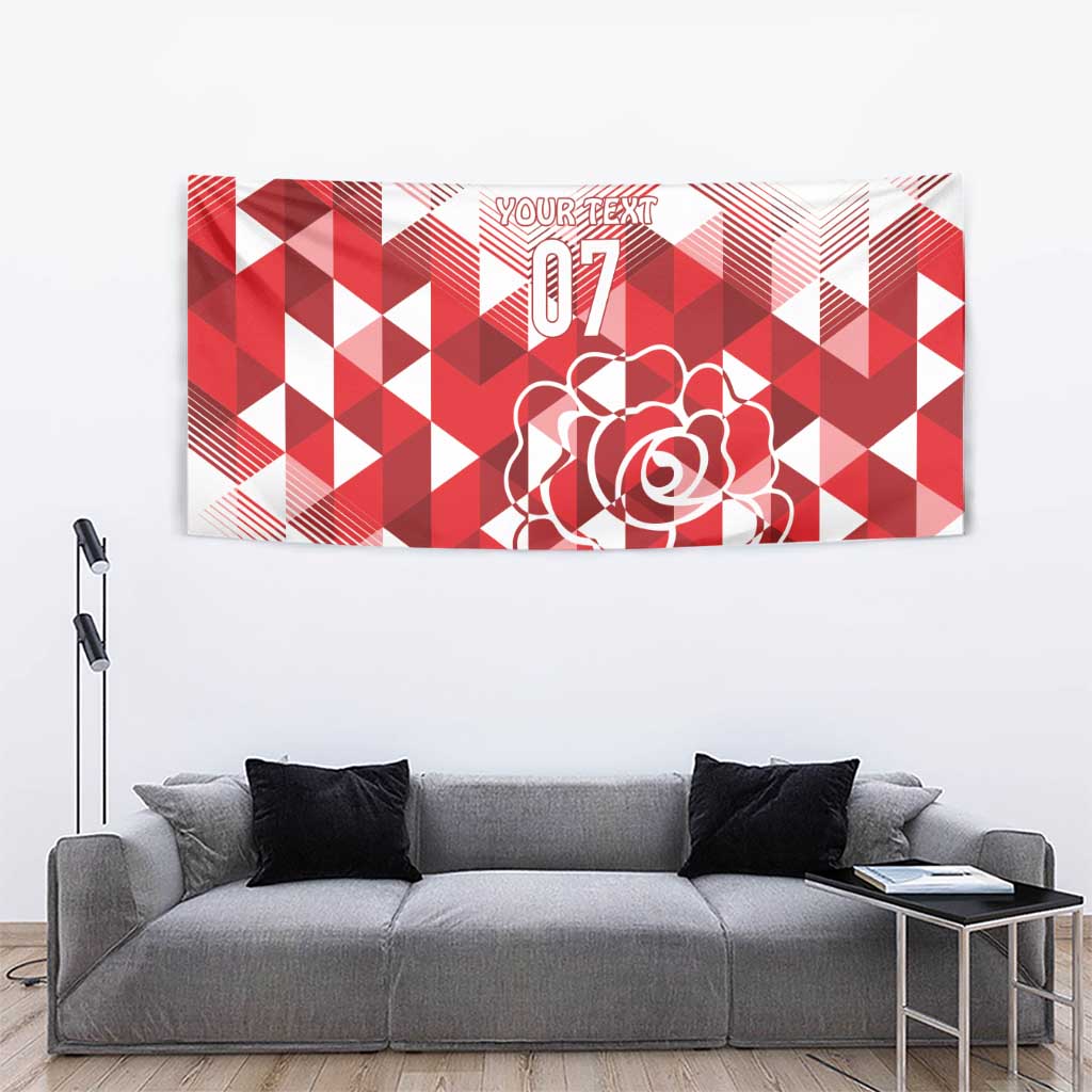 Red and white decorative tapestry with geometric design and outlined rose artwork
