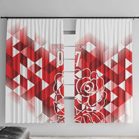 Red and white window curtain panels with diamond pattern and outlined rose graphic