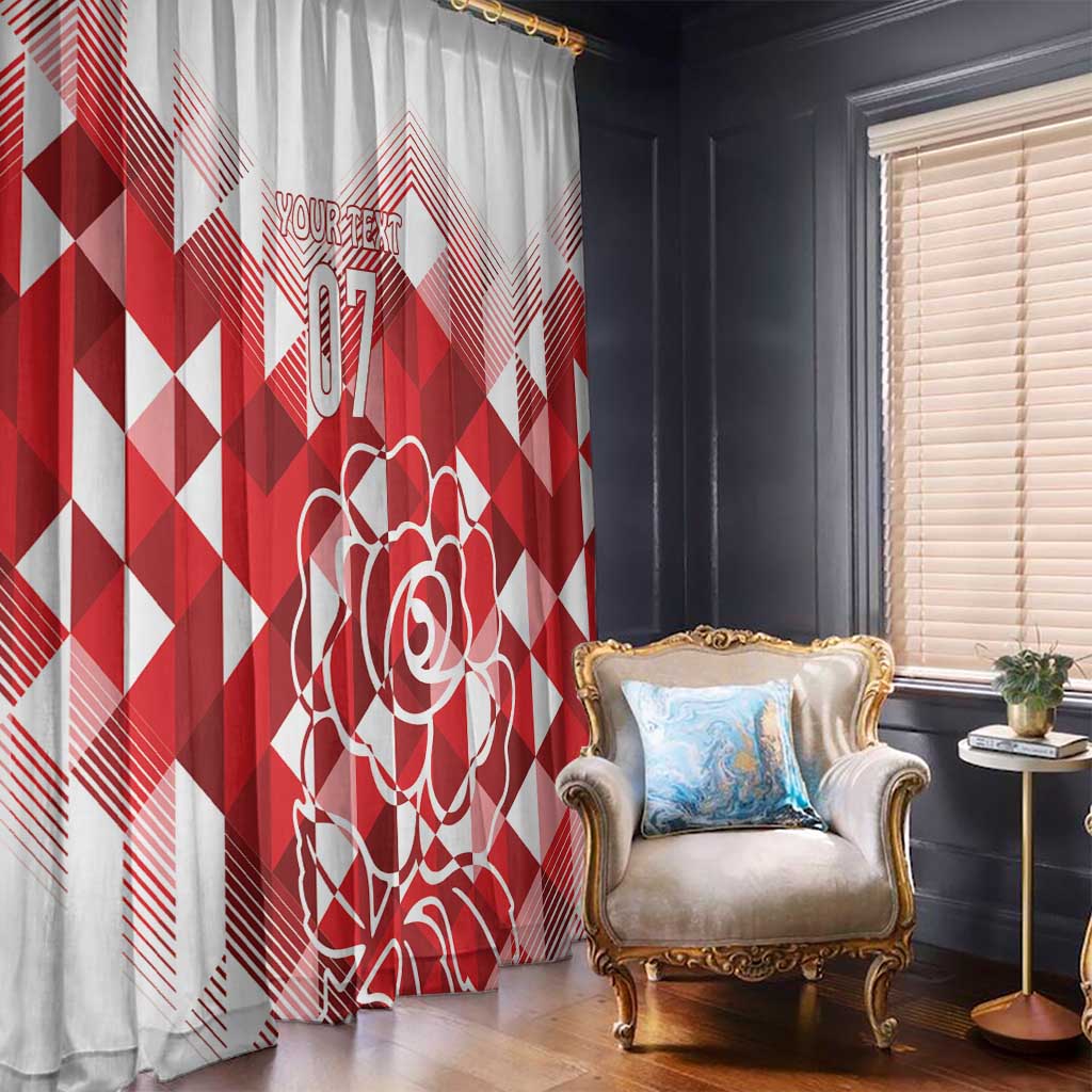 Red and white diamond print curtain panels with large outlined rose and number