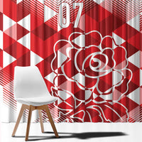 Close-up red and white curtain panel with outlined rose graphic and diamond shapes
