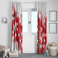Red and white diamond and rose window curtain panels with matching top heading