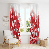 Red and white window curtain panels with diamond pattern and outlined rose design