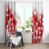 Red and white diamond print curtain panels with outlined rose graphic and number