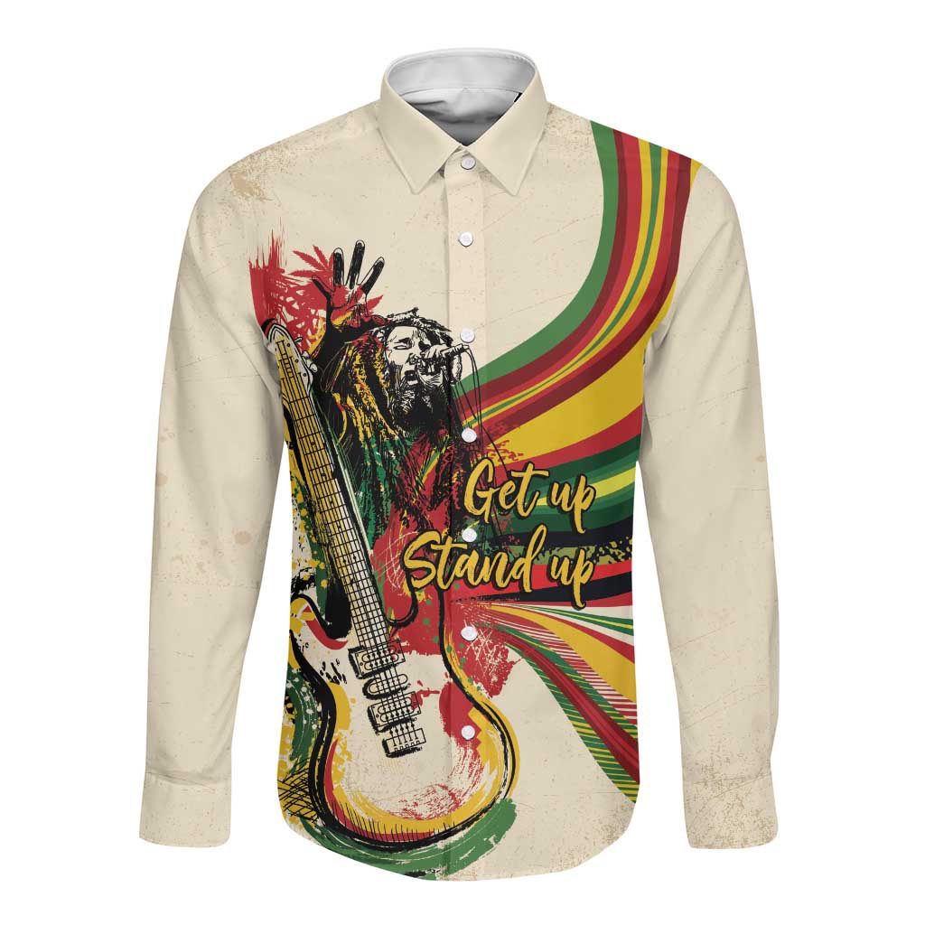 Reggae Soul B.Marley Grungy Long Sleeve Button Shirt Get Up Stand Up - Wonder Print Shop