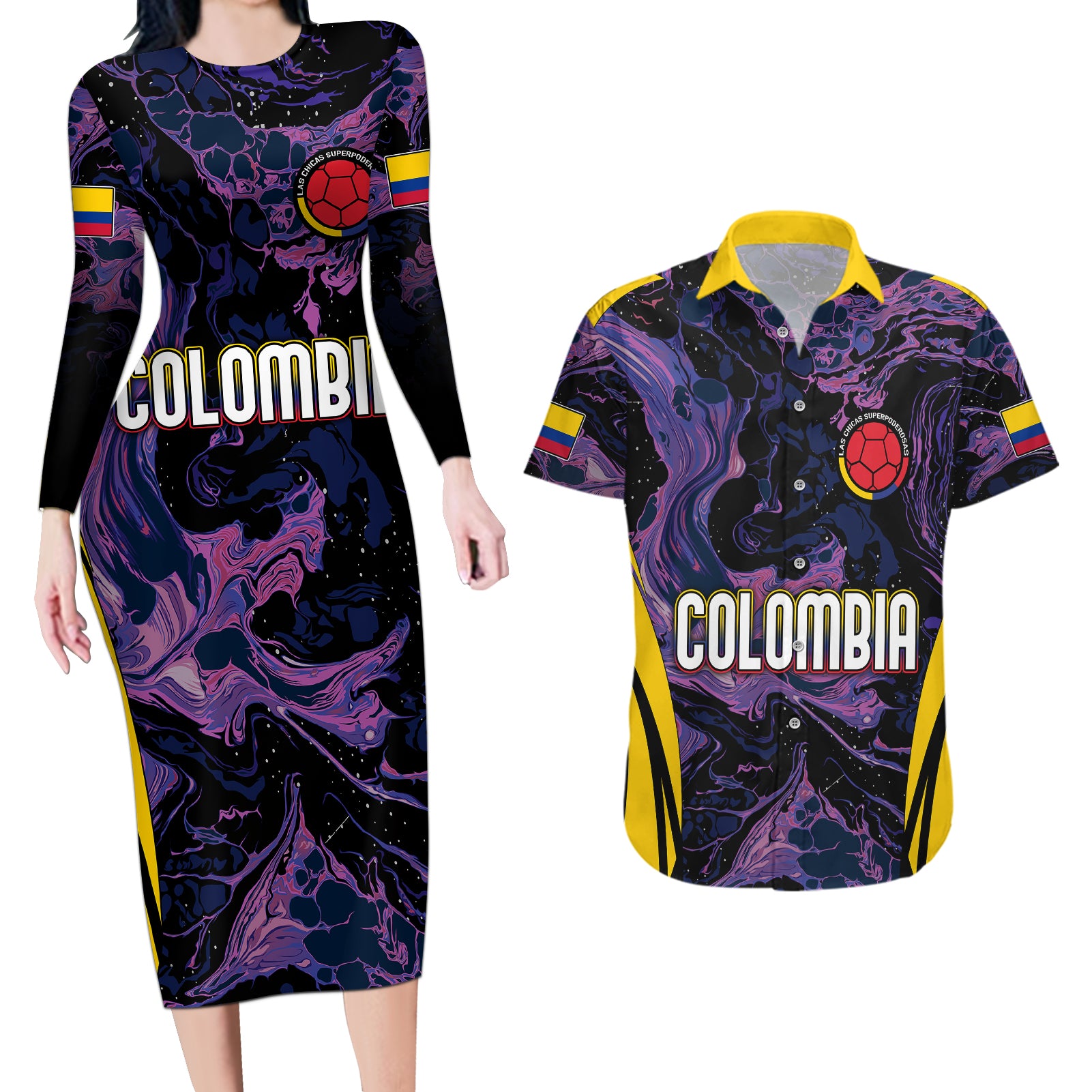 Personalised Colombia Football Couples Matching Long Sleeve Bodycon Dress and Hawaiian Shirt World Cup 2023 Cano Cristales River Style LT7 - Wonder Print Shop