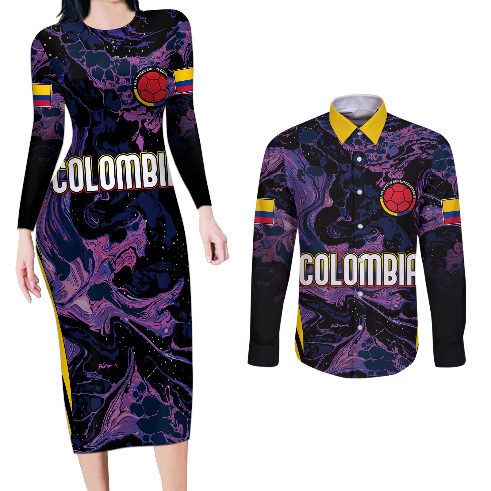 Personalised Colombia Football Couples Matching Long Sleeve Bodycon Dress and Long Sleeve Button Shirts World Cup 2023 Cano Cristales River Style LT7 - Wonder Print Shop