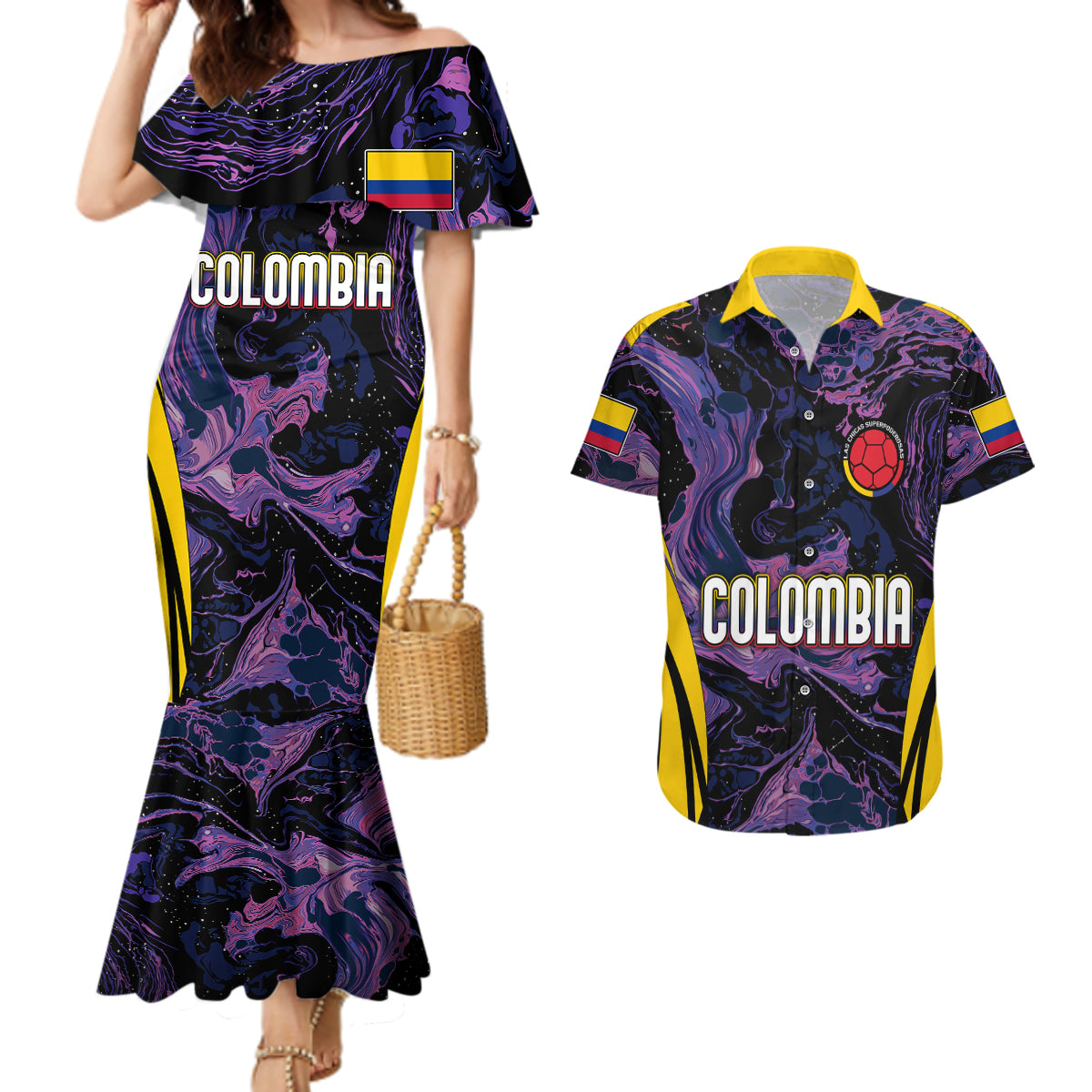 Personalised Colombia Football Couples Matching Mermaid Dress And Hawaiian Shirt World Cup 2023 Cano Cristales River Style LT7 - Wonder Print Shop