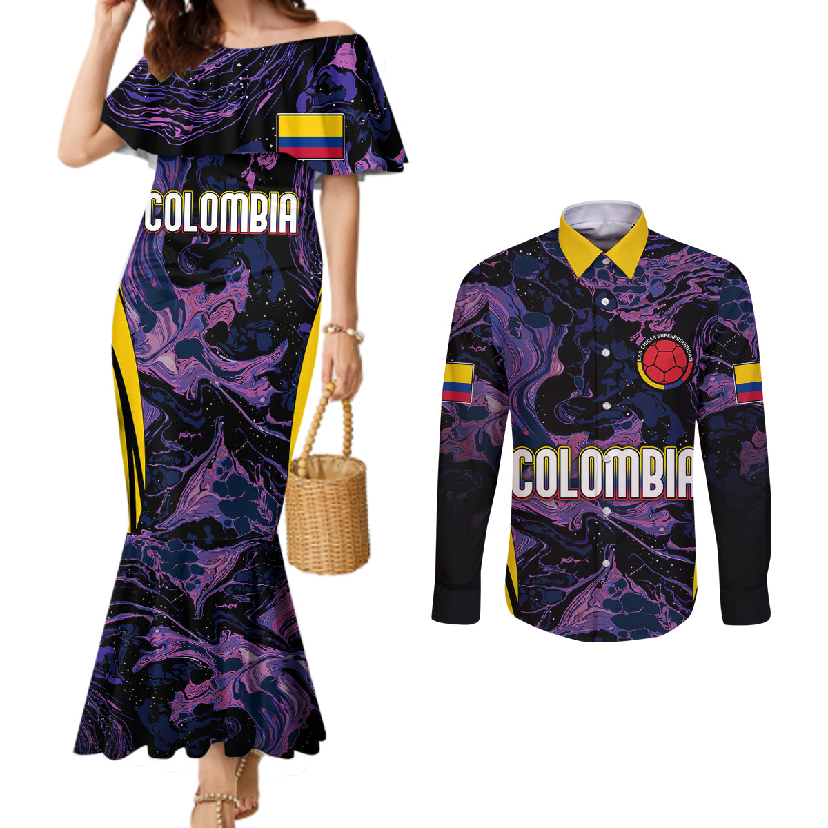 personalised-colombia-football-couples-matching-mermaid-dress-and-long-sleeve-button-shirts-world-cup-2023-cano-cristales-river-style