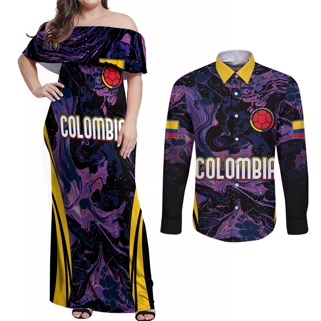 Personalised Colombia Football Couples Matching Off Shoulder Maxi Dress and Long Sleeve Button Shirts World Cup 2023 Cano Cristales River Style LT7 - Wonder Print Shop