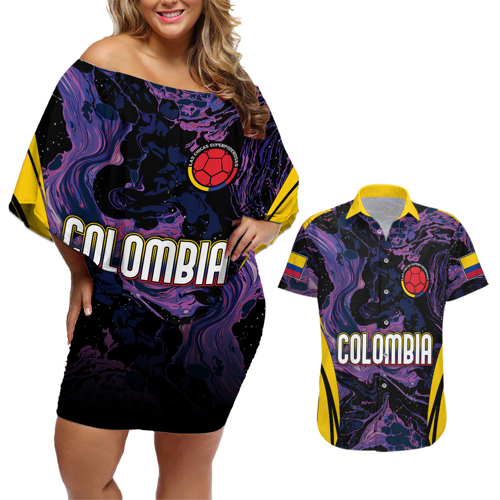 Personalised Colombia Football Couples Matching Off Shoulder Short Dress and Hawaiian Shirt World Cup 2023 Cano Cristales River Style LT7 - Wonder Print Shop