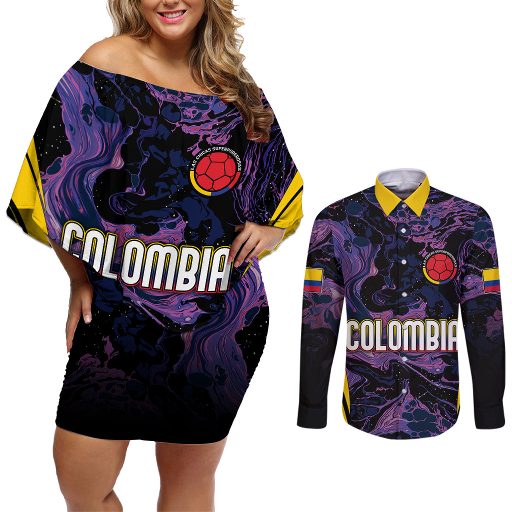 Personalised Colombia Football Couples Matching Off Shoulder Short Dress and Long Sleeve Button Shirts World Cup 2023 Cano Cristales River Style LT7 - Wonder Print Shop