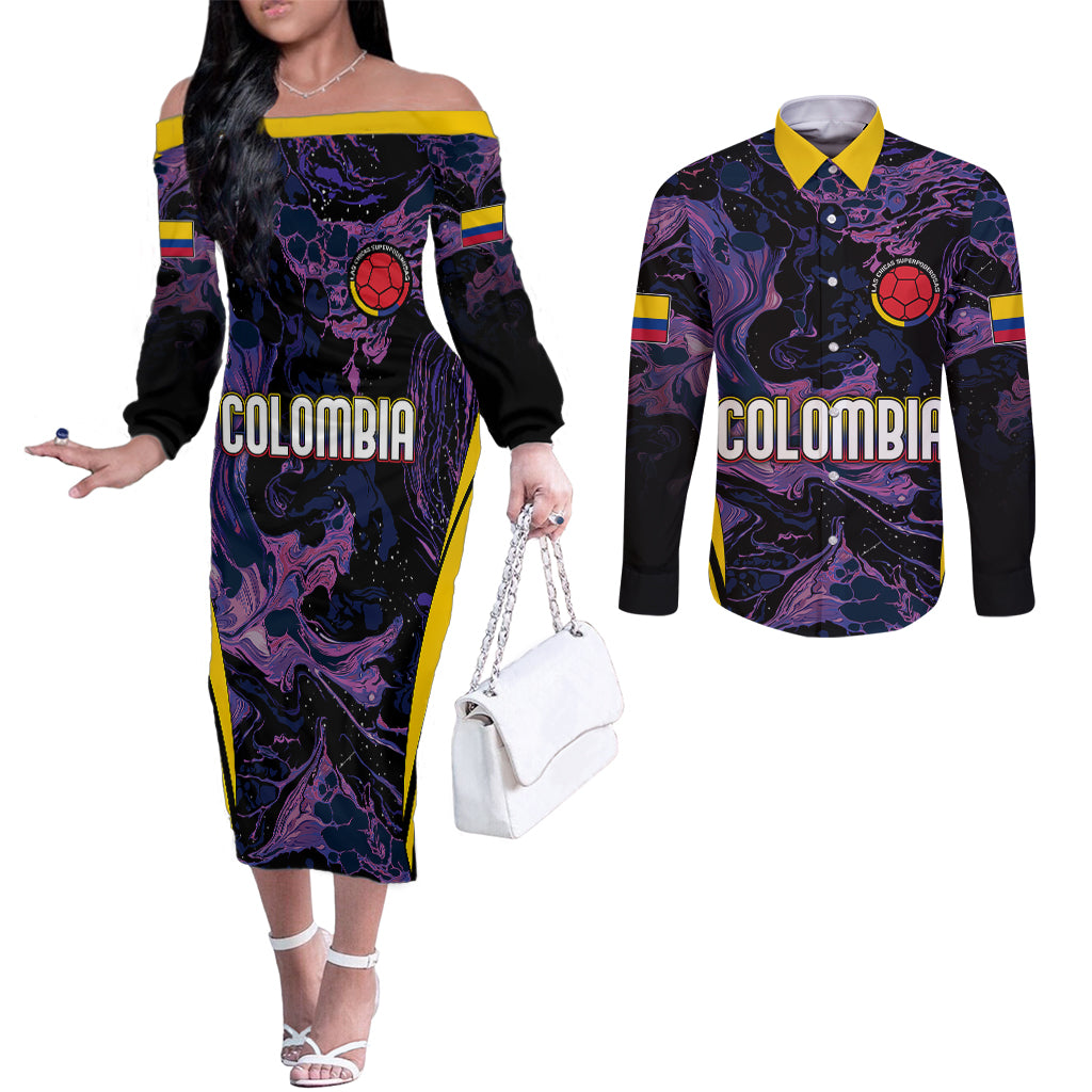 personalised-colombia-football-couples-matching-off-the-shoulder-long-sleeve-dress-and-long-sleeve-button-shirts-world-cup-2023-cano-cristales-river-style