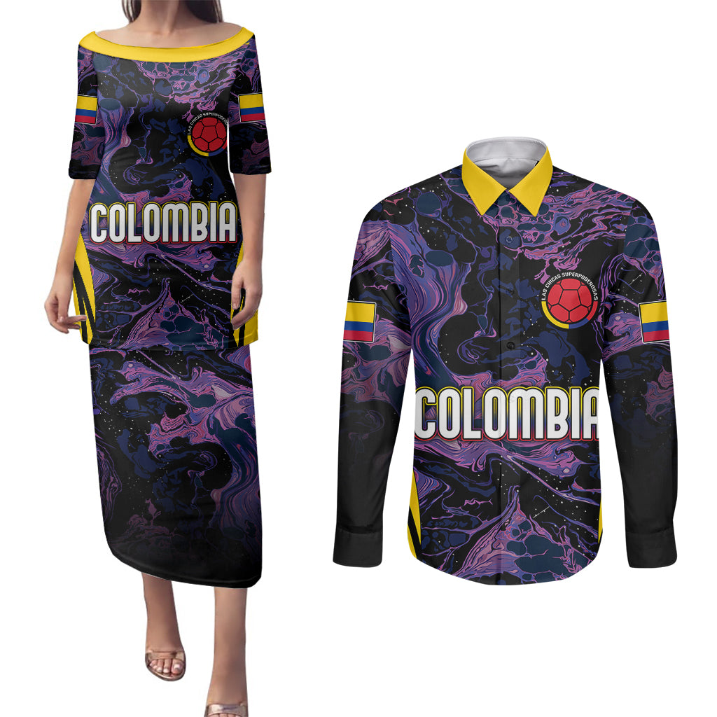 Personalised Colombia Football Couples Matching Puletasi Dress and Long Sleeve Button Shirts World Cup 2023 Cano Cristales River Style LT7 - Wonder Print Shop