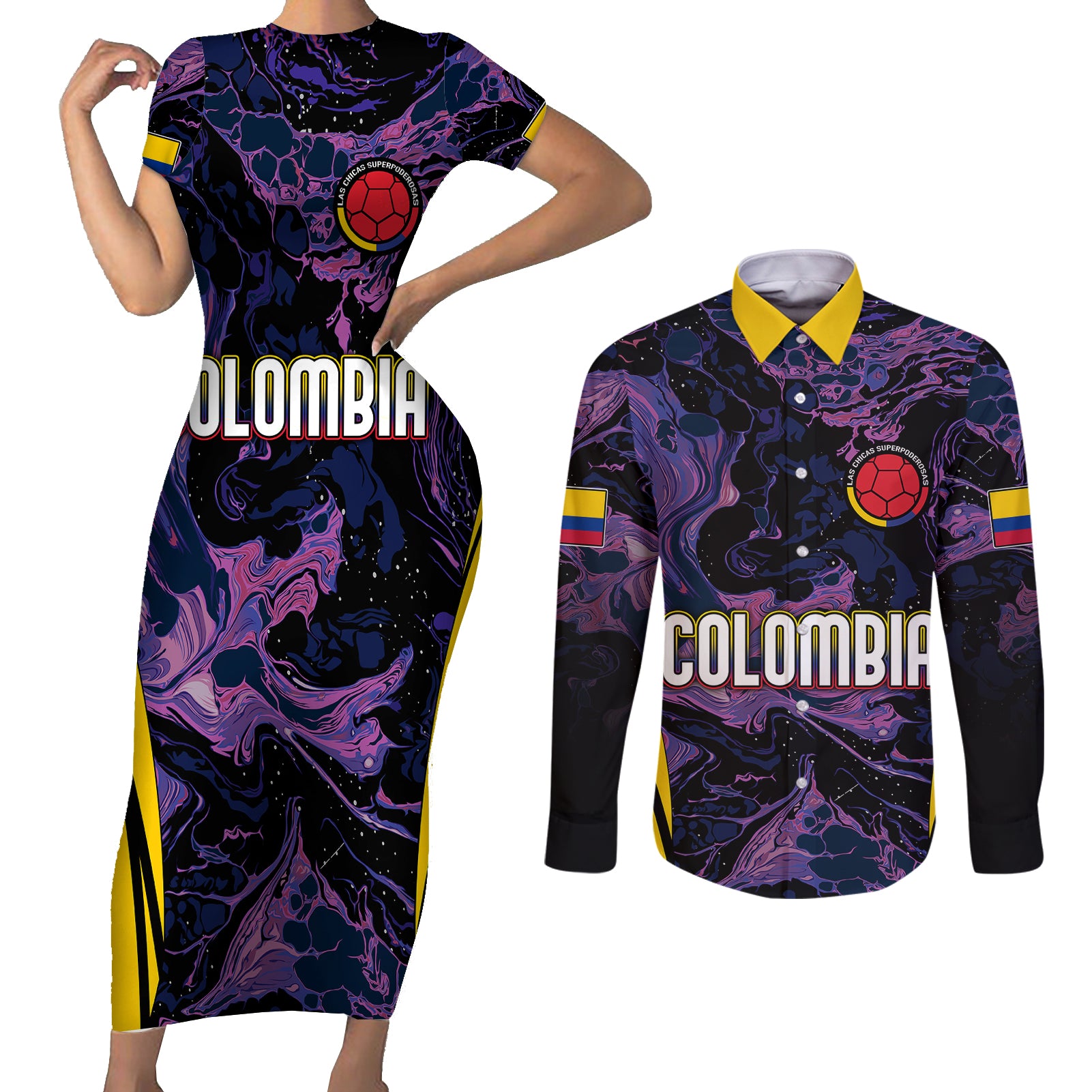 Personalised Colombia Football Couples Matching Short Sleeve Bodycon Dress and Long Sleeve Button Shirts World Cup 2023 Cano Cristales River Style LT7 - Wonder Print Shop