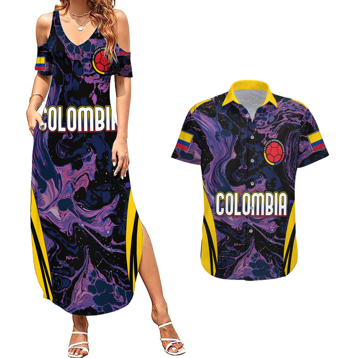 Personalised Colombia Football Couples Matching Summer Maxi Dress and Hawaiian Shirt World Cup 2023 Cano Cristales River Style LT7 - Wonder Print Shop