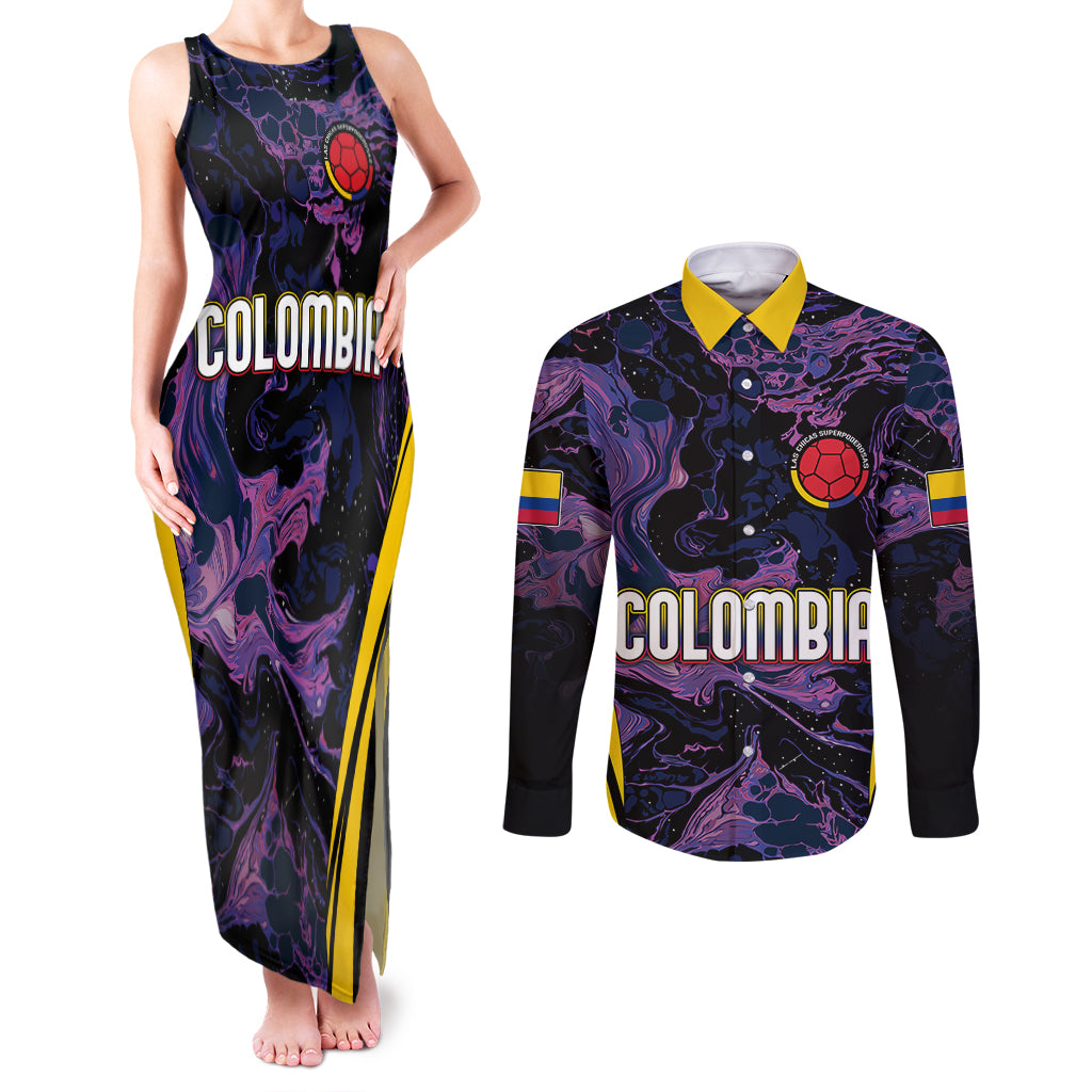 Personalised Colombia Football Couples Matching Tank Maxi Dress and Long Sleeve Button Shirts World Cup 2023 Cano Cristales River Style LT7 - Wonder Print Shop