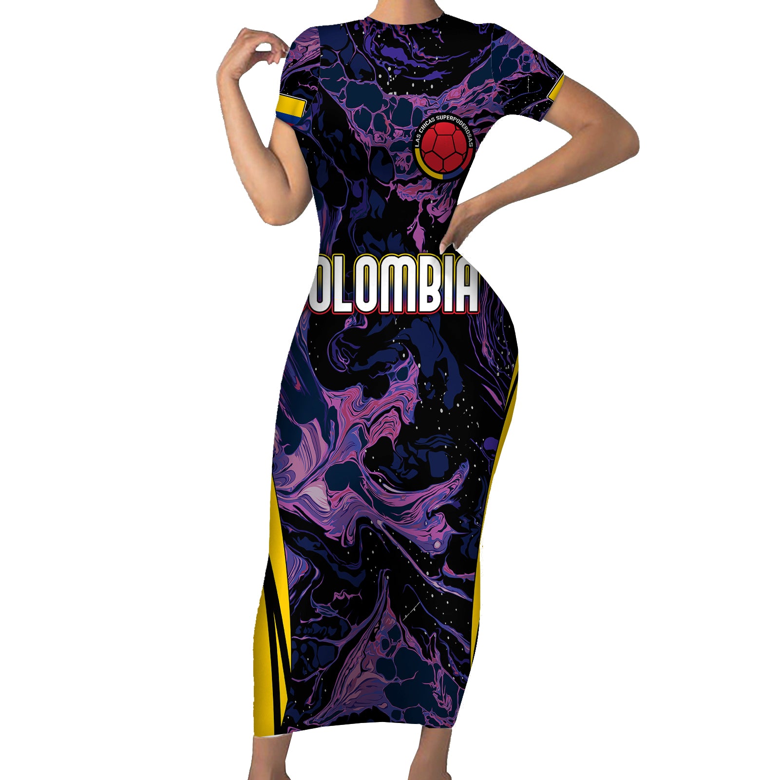 Personalised Colombia Football Short Sleeve Bodycon Dress World Cup 2023 Cano Cristales River Style - Wonder Print Shop