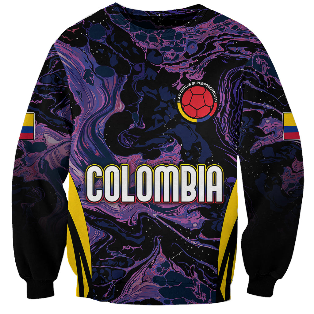 Black football sweatshirt with purple marble print, Colombia logo and crest, long sleeves