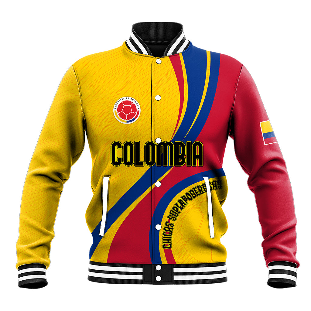 Yellow baseball jacket with red and blue paneling, ribbed collar and snap buttons