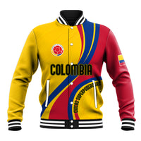 Yellow baseball jacket with red and blue paneling, ribbed collar and snap buttons