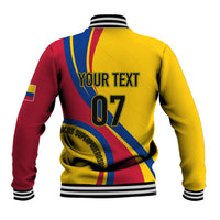 Back yellow baseball jacket with red sleeves, blue stripe panels, YOUR TEXT 07
