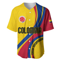 Yellow and red Colombia baseball football jersey with blue stripes and 'COLOMBIA' print