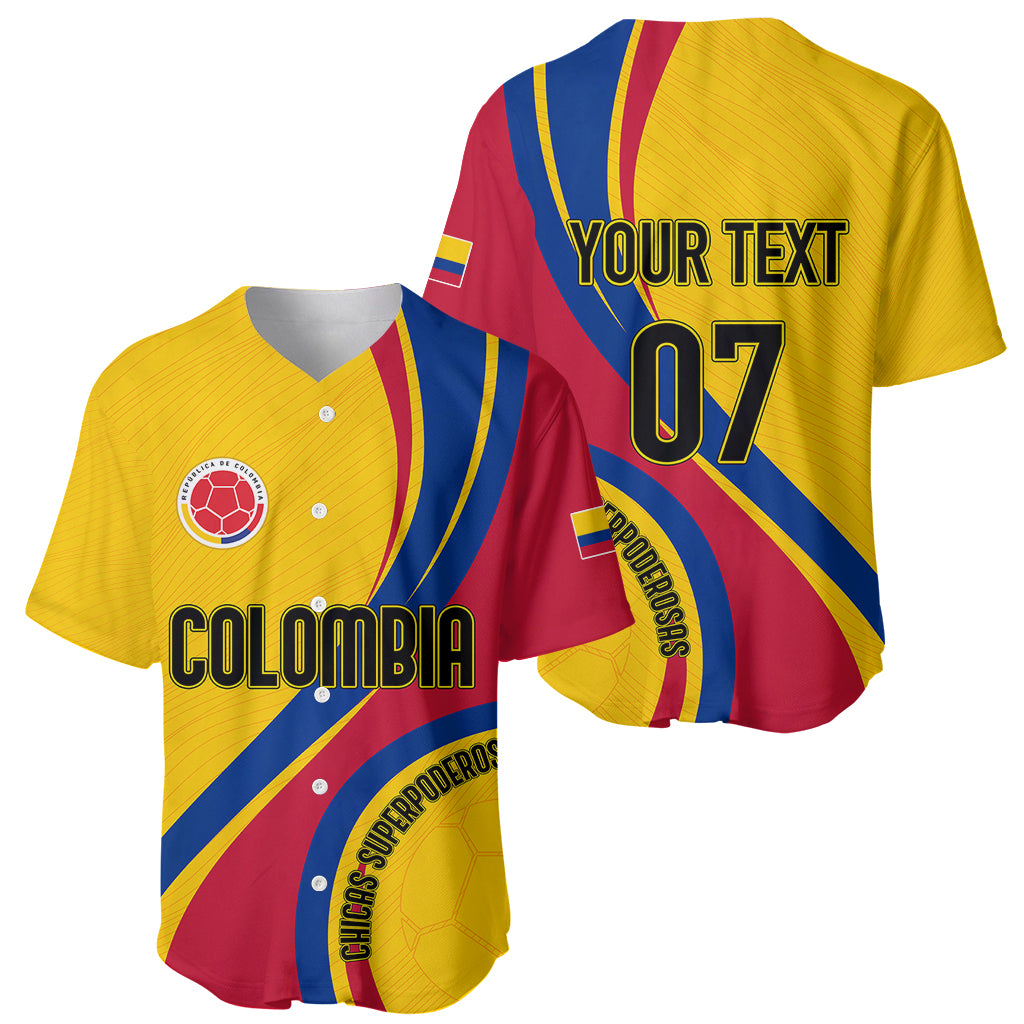 Yellow and red Colombia jersey with blue stripes, plus back view 'YOUR TEXT' 07
