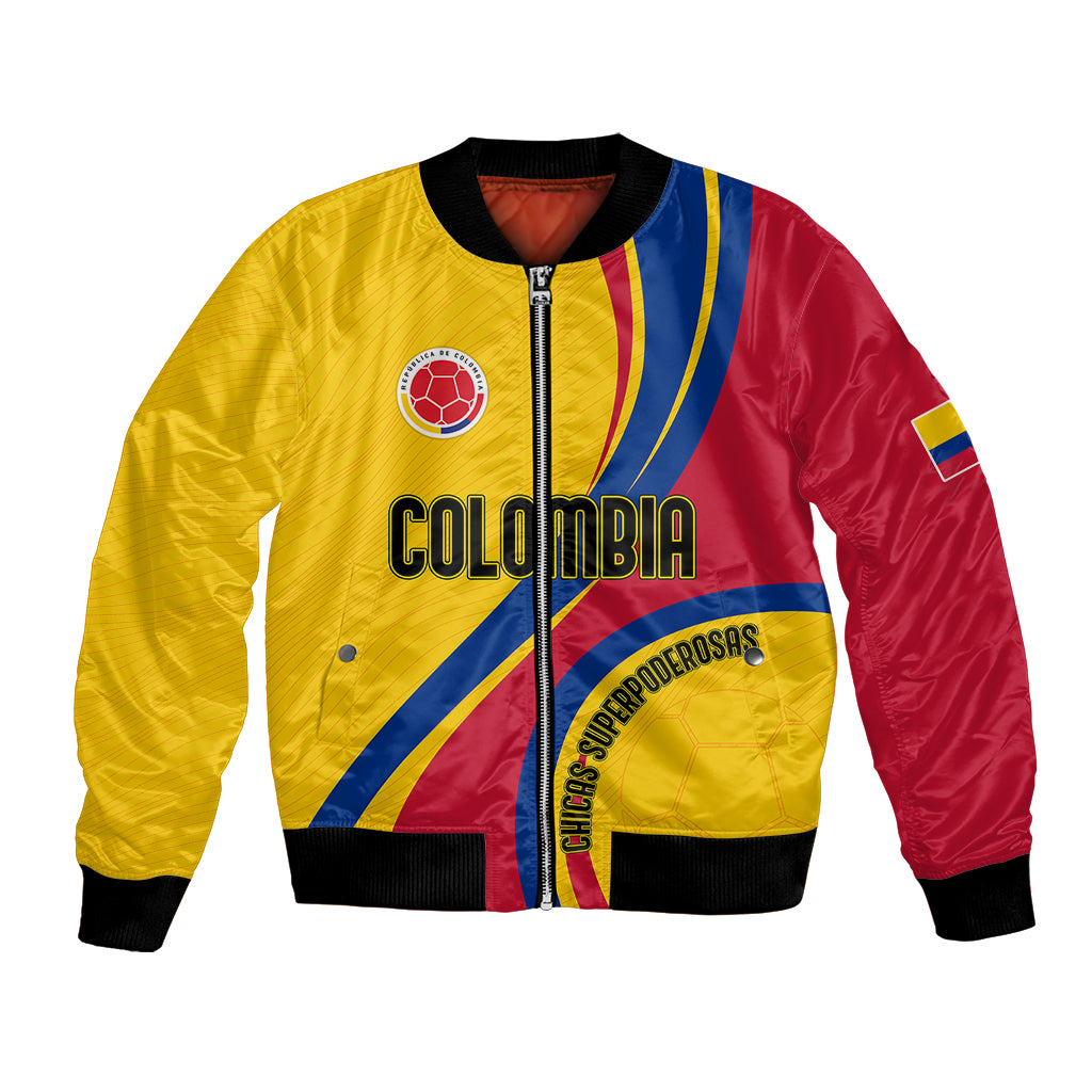 Yellow, red, and blue varsity bomber jacket with front zipper and Colombia crest