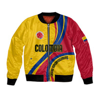 Yellow, red, and blue varsity bomber jacket with front zipper and Colombia crest