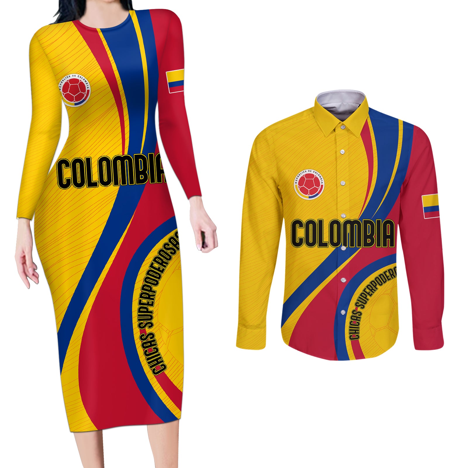 Personalised Colombia Football Couples Matching Long Sleeve Bodycon Dress and Long Sleeve Button Shirts World Cup 2023 Chicas Superpoderosas LT7 - Wonder Print Shop