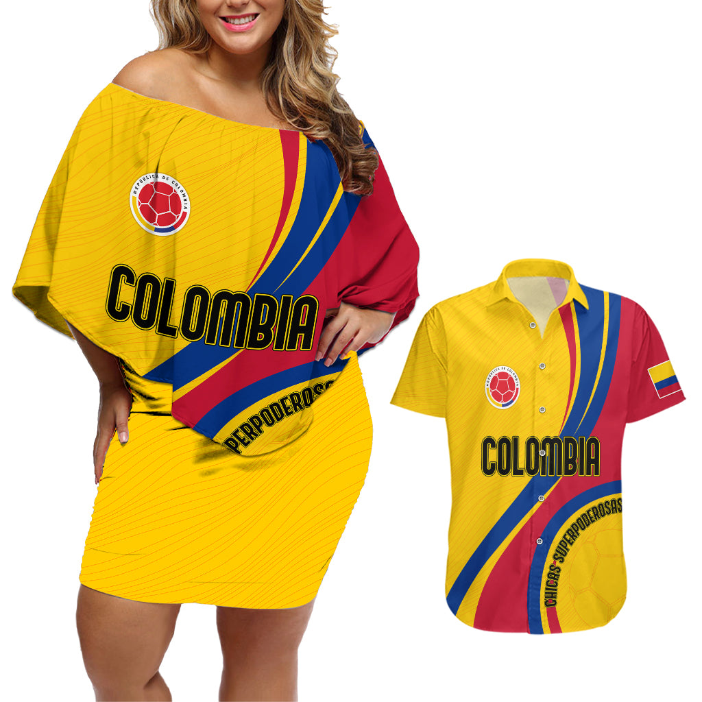 Personalised Colombia Football Couples Matching Off Shoulder Short Dress and Hawaiian Shirt World Cup 2023 Chicas Superpoderosas LT7 - Wonder Print Shop