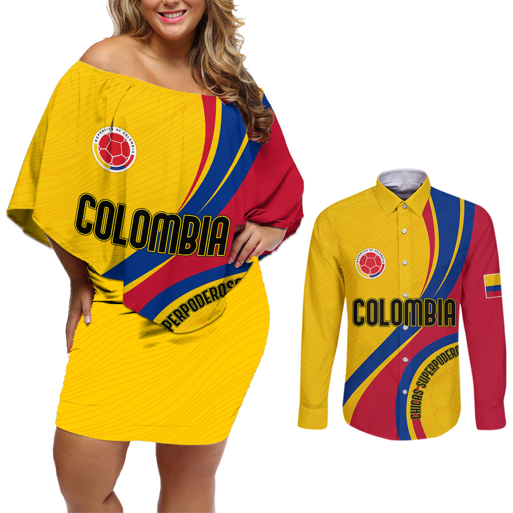 Personalised Colombia Football Couples Matching Off Shoulder Short Dress and Long Sleeve Button Shirts World Cup 2023 Chicas Superpoderosas LT7 - Wonder Print Shop