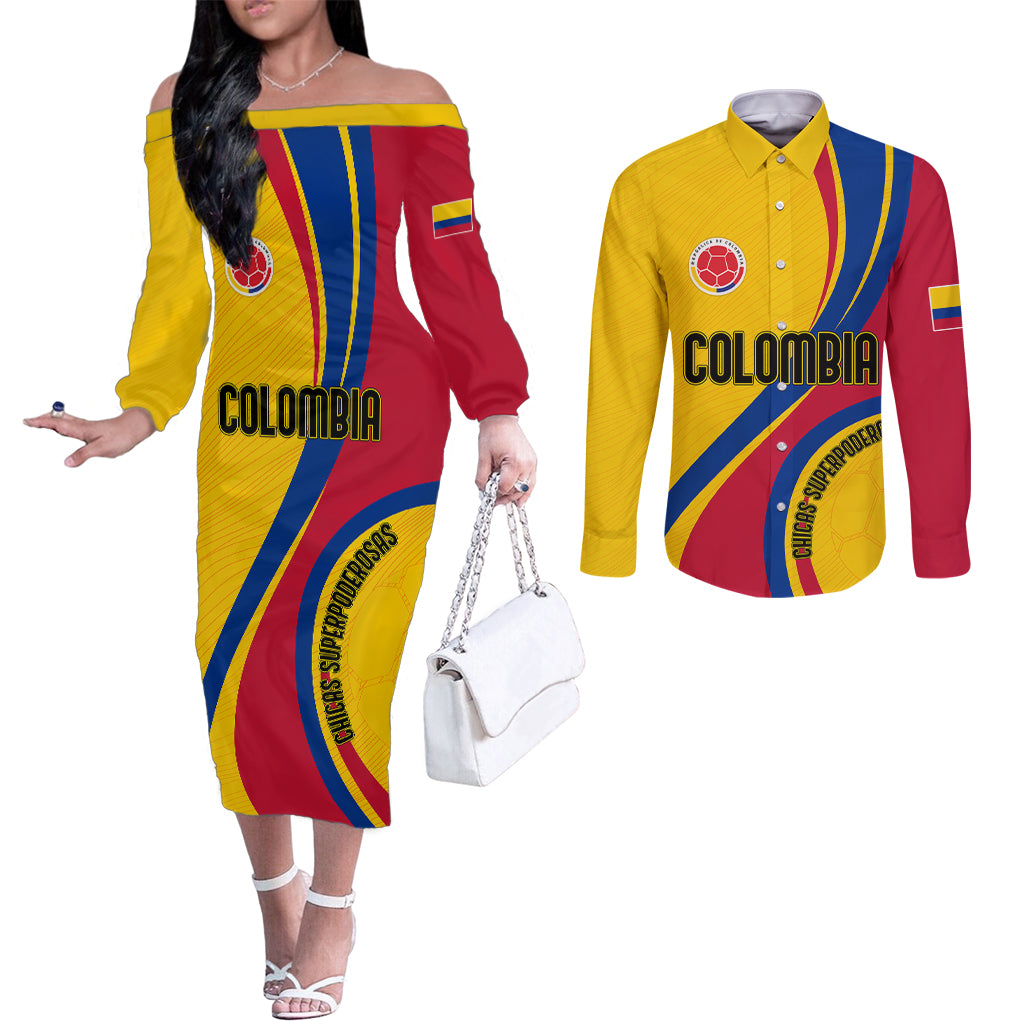 personalised-colombia-football-couples-matching-off-the-shoulder-long-sleeve-dress-and-long-sleeve-button-shirts-world-cup-2023-chicas-superpoderosas