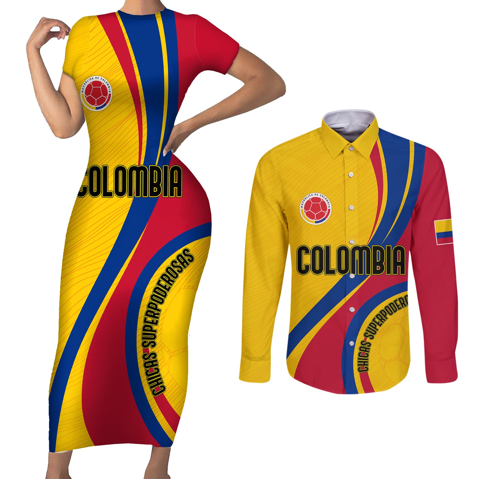 Personalised Colombia Football Couples Matching Short Sleeve Bodycon Dress and Long Sleeve Button Shirts World Cup 2023 Chicas Superpoderosas LT7 - Wonder Print Shop