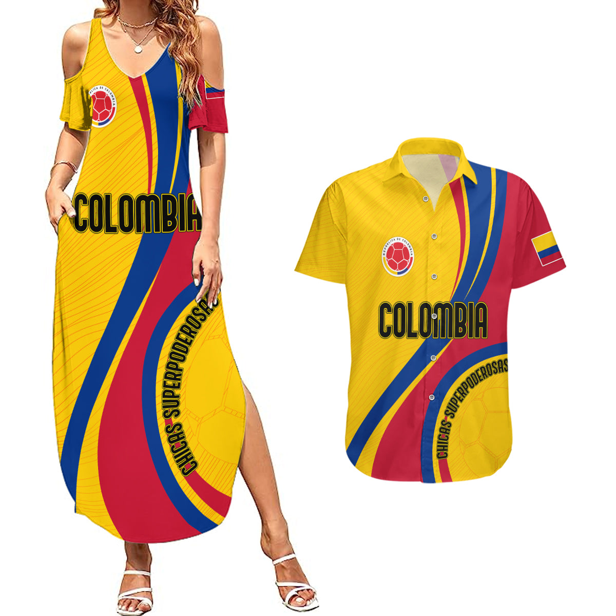 Personalised Colombia Football Couples Matching Summer Maxi Dress and Hawaiian Shirt World Cup 2023 Chicas Superpoderosas LT7 - Wonder Print Shop