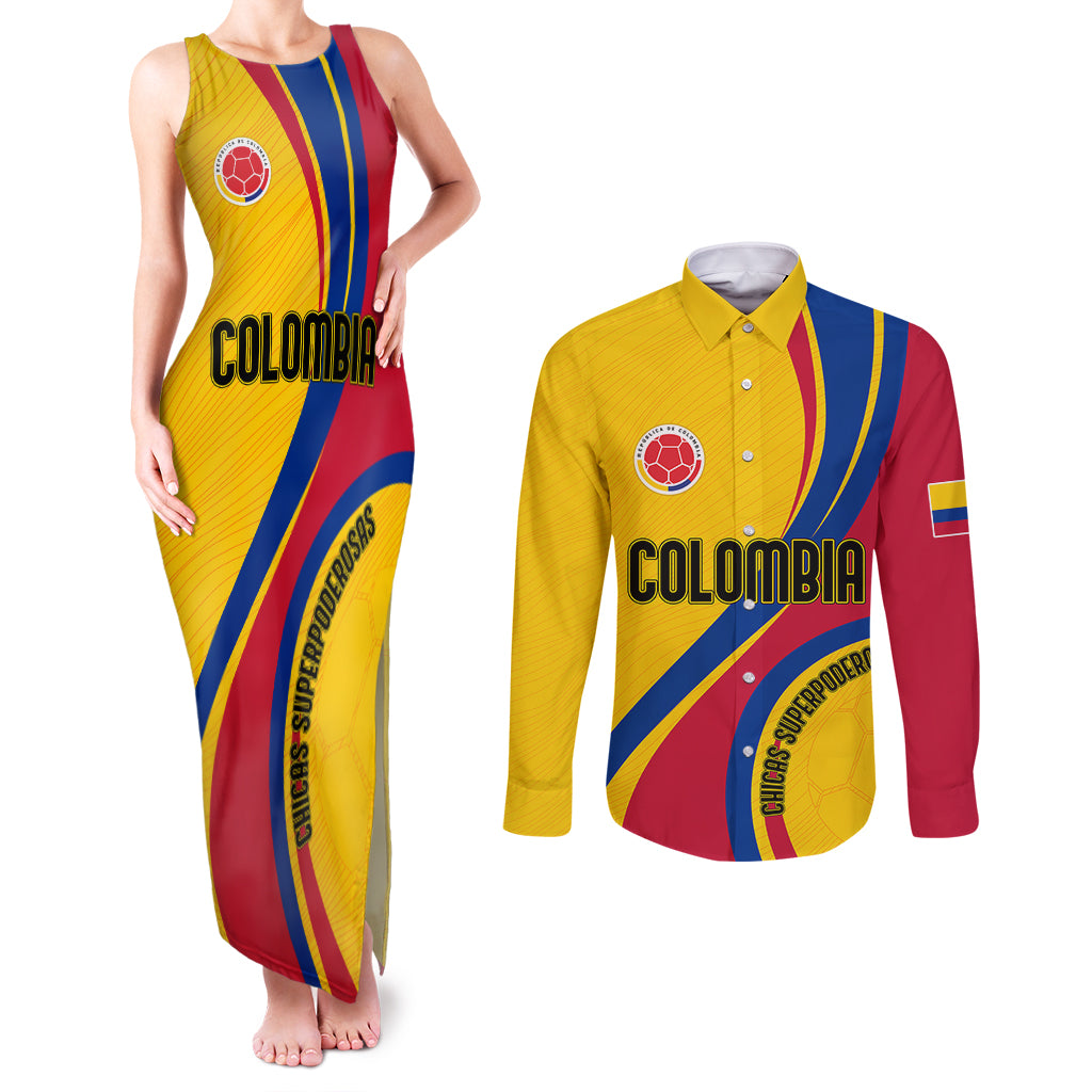 Personalised Colombia Football Couples Matching Tank Maxi Dress and Long Sleeve Button Shirts World Cup 2023 Chicas Superpoderosas LT7 - Wonder Print Shop