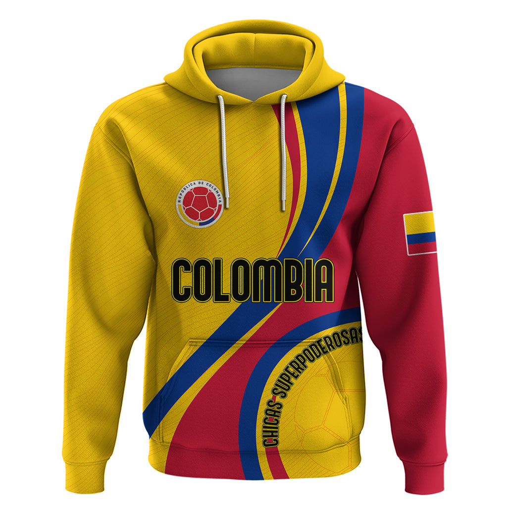 Yellow and red pullover hoodie with hood, drawstrings, Colombia graphic and crest