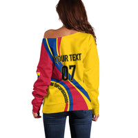 Off-shoulder football sweater, yellow with red and blue diagonal; back 'YOUR TEXT' 07