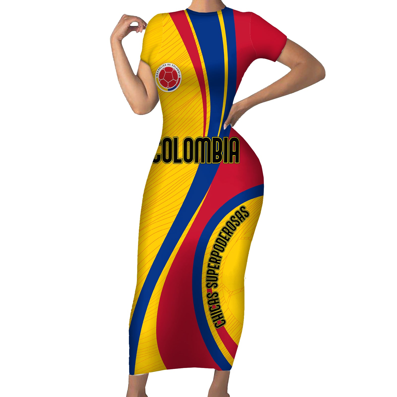 Colombia Football Short Sleeve Bodycon Dress World Cup 2023 Chicas Superpoderosas - Wonder Print Shop