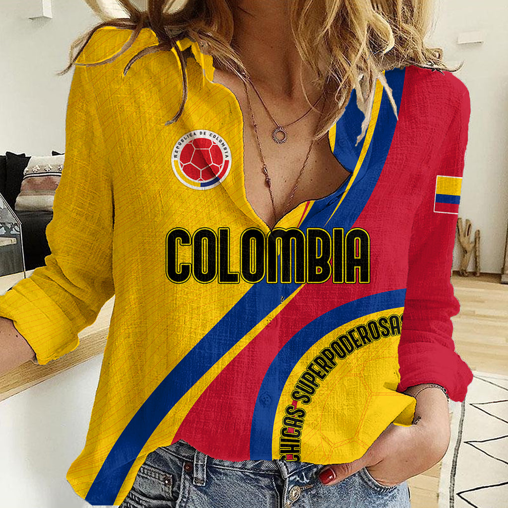 Women's football-style casual shirt in yellow and red with Colombia crest and bold text