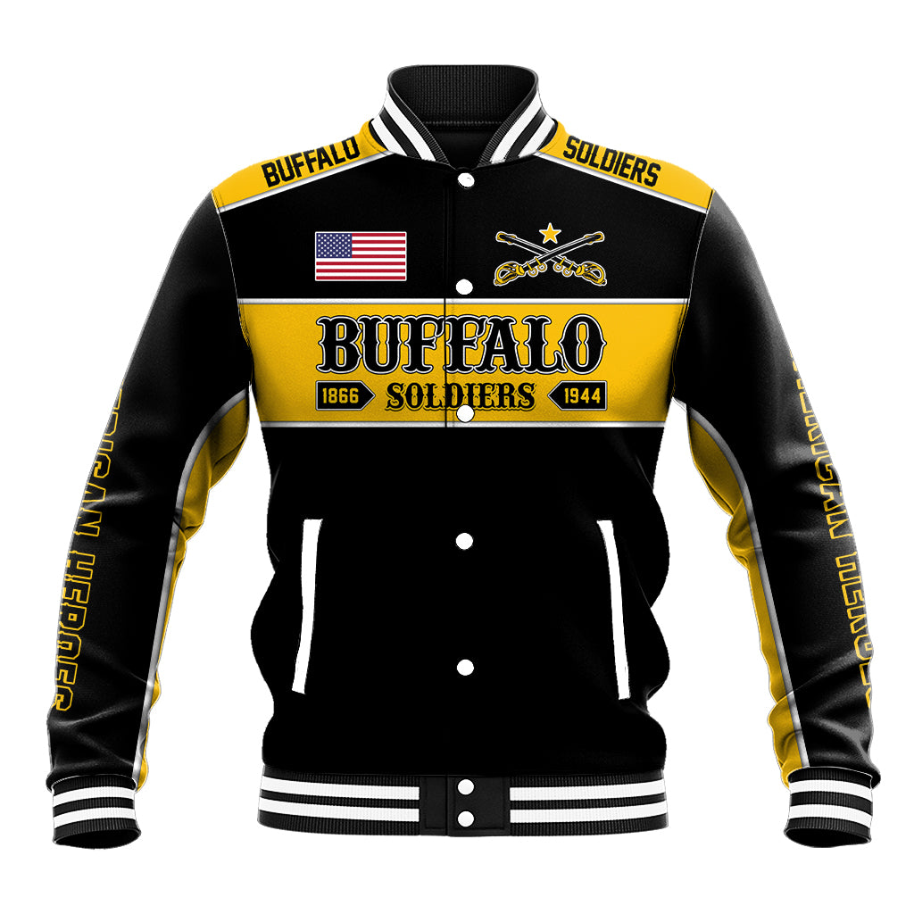 Black baseball jacket with gold trim, striped ribbed collar and snap front, front emblem