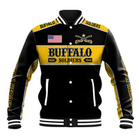 Black baseball jacket with gold trim, striped ribbed collar and snap front, front emblem