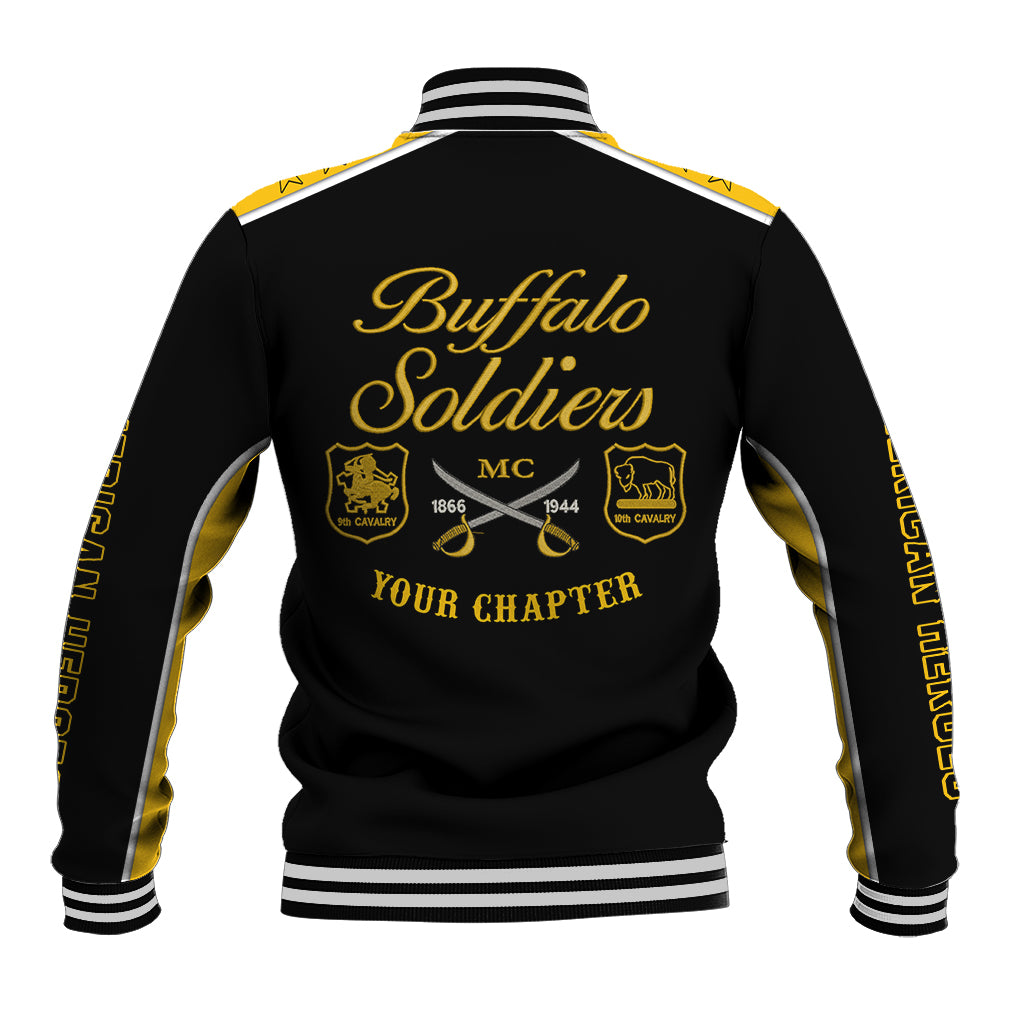 Black baseball jacket with gold back graphic, striped ribbed cuffs and hem, snap front